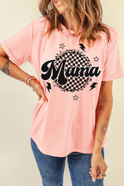 Mama graphic tee in blush pink with checkered circle and lightning bolts.