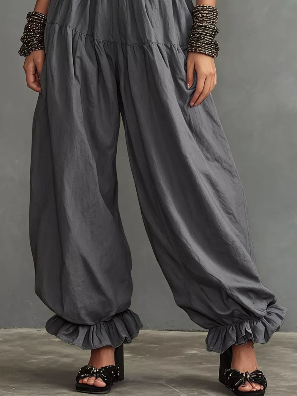 Full Size Smocked Ruffle Hem Wide Leg Pants in Mustard, view 11