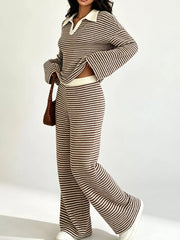 Striped Long Sleeve Polo And Wide-leg Pants Set in Green, view 20