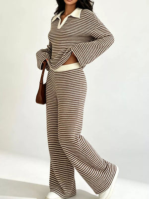 Striped Long Sleeve Polo And Wide-leg Pants Set in Green, view 20