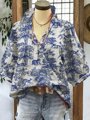 White and blue toile de Jouy half sleeve blouse with frill collar and cinched waist