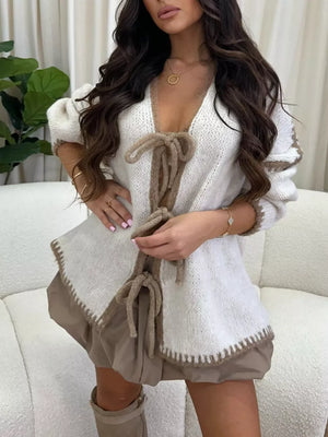 Tie Front Drop Shoulder Cardigan in White, front view