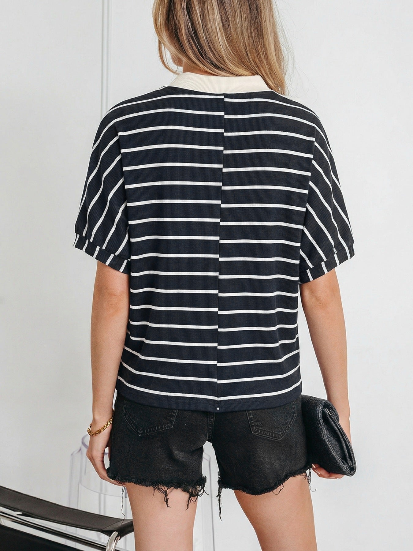 Striped dolman top with stand collar and beige trim, short sleeves, cotton blend