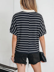 Striped dolman top with stand collar and beige trim, short sleeves, cotton blend