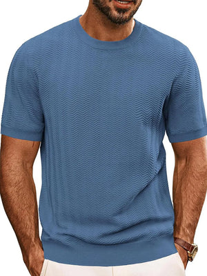 Chevron knit crew neck tee in Dusty Blue with short sleeves and a textured pattern.