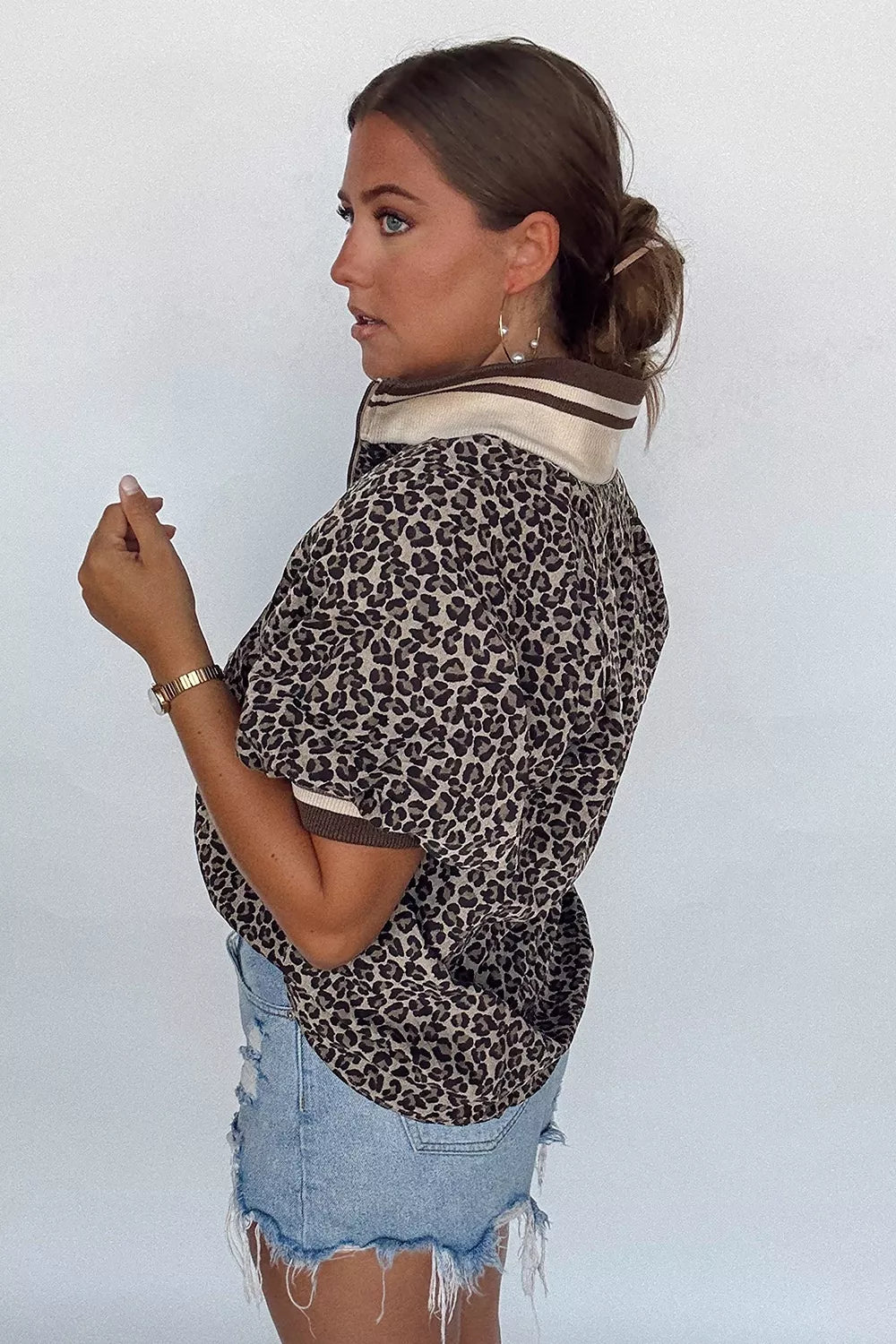 Gingham Striped Patchwork Half Zip Blouse in Coffee Brown, back view