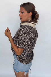 Gingham Striped Patchwork Half Zip Blouse in Coffee Brown, back view