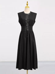 Black midi dress with lace-up neckline and cinched waist