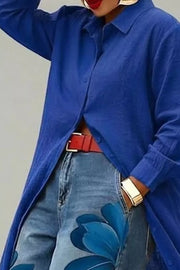 Button Up Long Sleeve Longline Shirt in Royal Blue, product detail