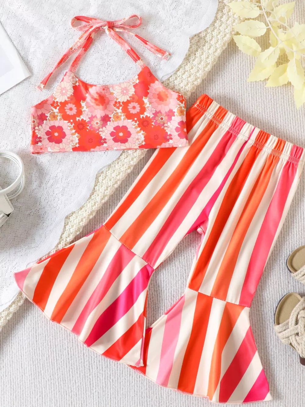Children's Floral Print Crop Top And Striped Pants Set in Orange Red, side view