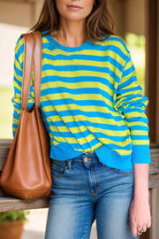 Electric Stripe Crewneck Sweater in Sky Blue with horizontal stripes, crew neck, and long sleeves.