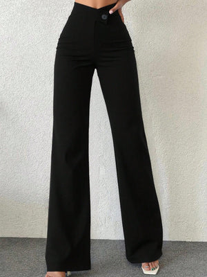 Black buttoned high-waist wide-leg trousers with a single button closure.