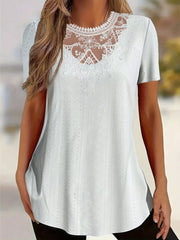 White eyelet maternity t-shirt with delicate lace yoke and short sleeves.
