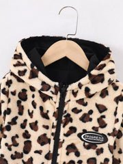 Kids leopard print hooded jacket with black lining and "Progress" patch.