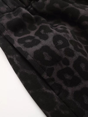 Men's grey leopard print sweatpants with a detailed close-up of the fabric and pocket.