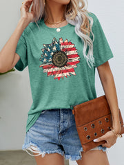 Gum Leaf green t-shirt with Americana sunflower graphic, crew neck, short sleeves.