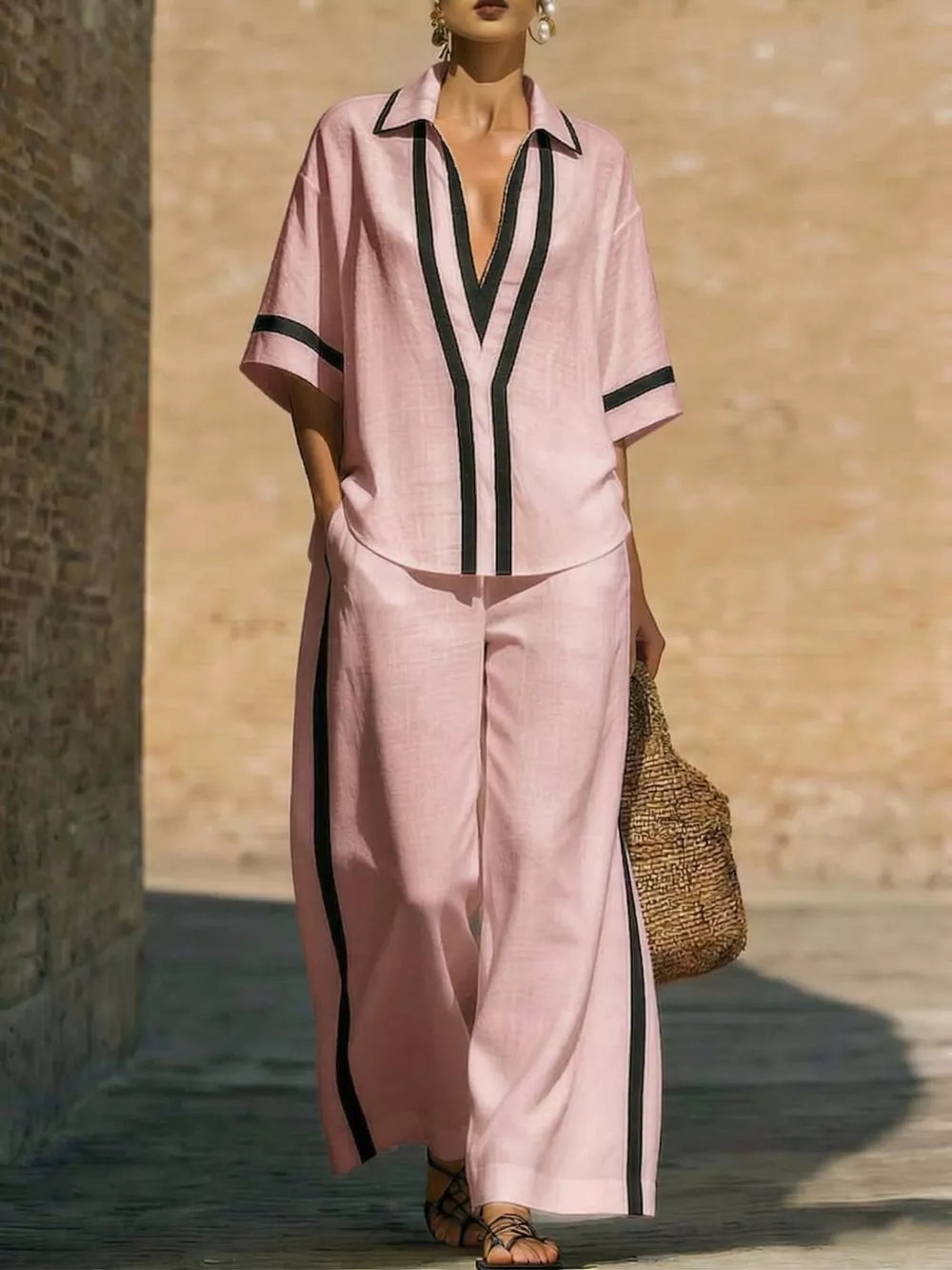 Contrast Trim Two-piece Top And Pants Set Plus Size, fit detail