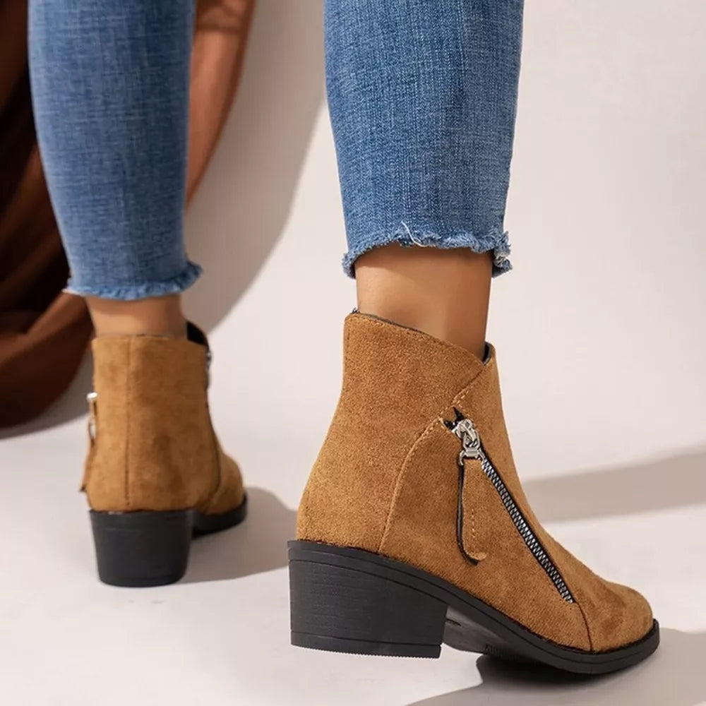 Caramel suede ankle boots with block heel and side zipper detail
