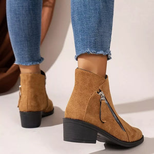Caramel suede ankle boots with block heel and side zipper detail