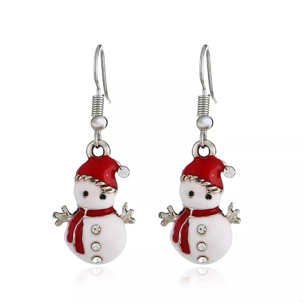 Festive snowman charm drop earrings with red hats and scarves, white bodies, and crystal accents.