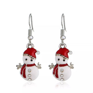 Festive snowman charm drop earrings with red hats and scarves, white bodies, and crystal accents.