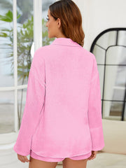 Textured cotton co-ord set in Fuchsia Pink, featuring a relaxed fit button-up shirt and shorts.