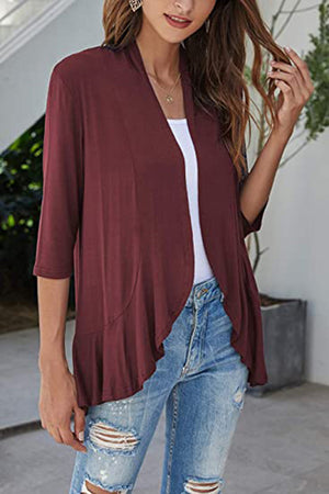 Burgundy asymmetrical ruffle hem cardigan with 3/4 sleeves