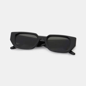 Black angular sunglasses with smoked acetate frames and dark lenses.