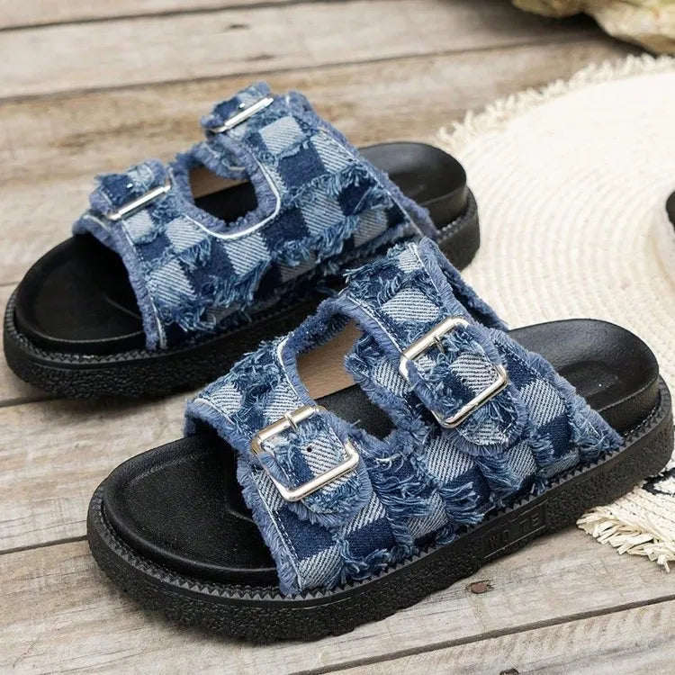 Denim checkered platform buckle slides in medium with frayed edges and silver buckles.