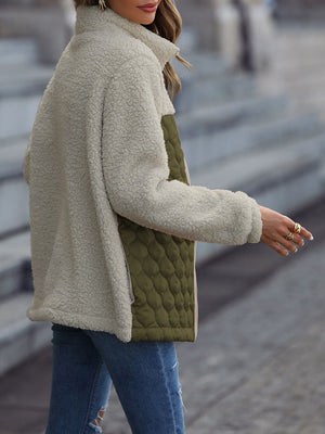 Teddy & quilted panel zip jacket in cream and army green with a stand-up collar.