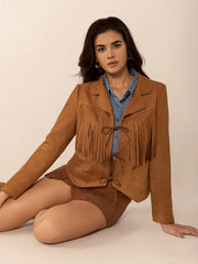 Caramel suede jacket with fringe and tie closure, collared, long sleeves.
