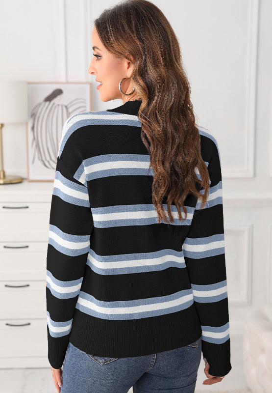 Black knit cardigan with horizontal blue and white stripes, long sleeves, and button front.