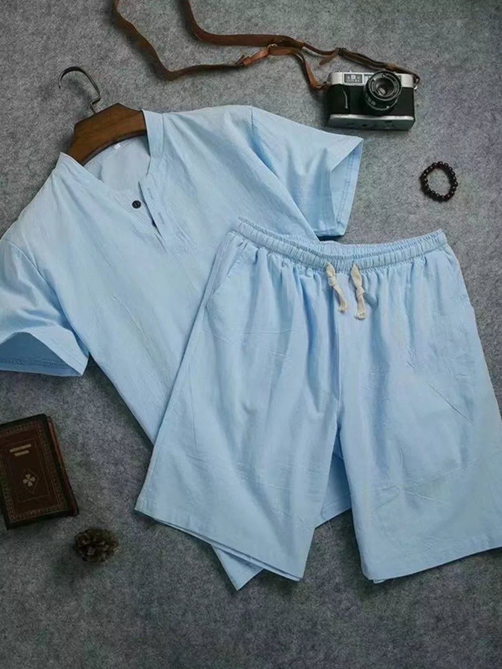 Sky blue cotton drawstring two-piece set with henley neckline shirt and adjustable shorts