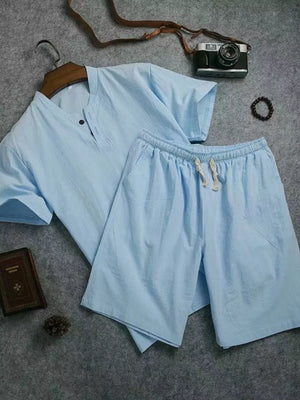 Sky blue cotton drawstring two-piece set with henley neckline shirt and adjustable shorts