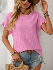 Ruffled sleeve eyelet knit top in fuchsia pink with a textured pattern.