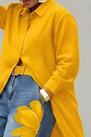 Button Up Long Sleeve Longline Shirt in Royal Blue, back view