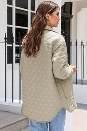 Quilted utility jacket in camel with diamond stitching and button pockets.
