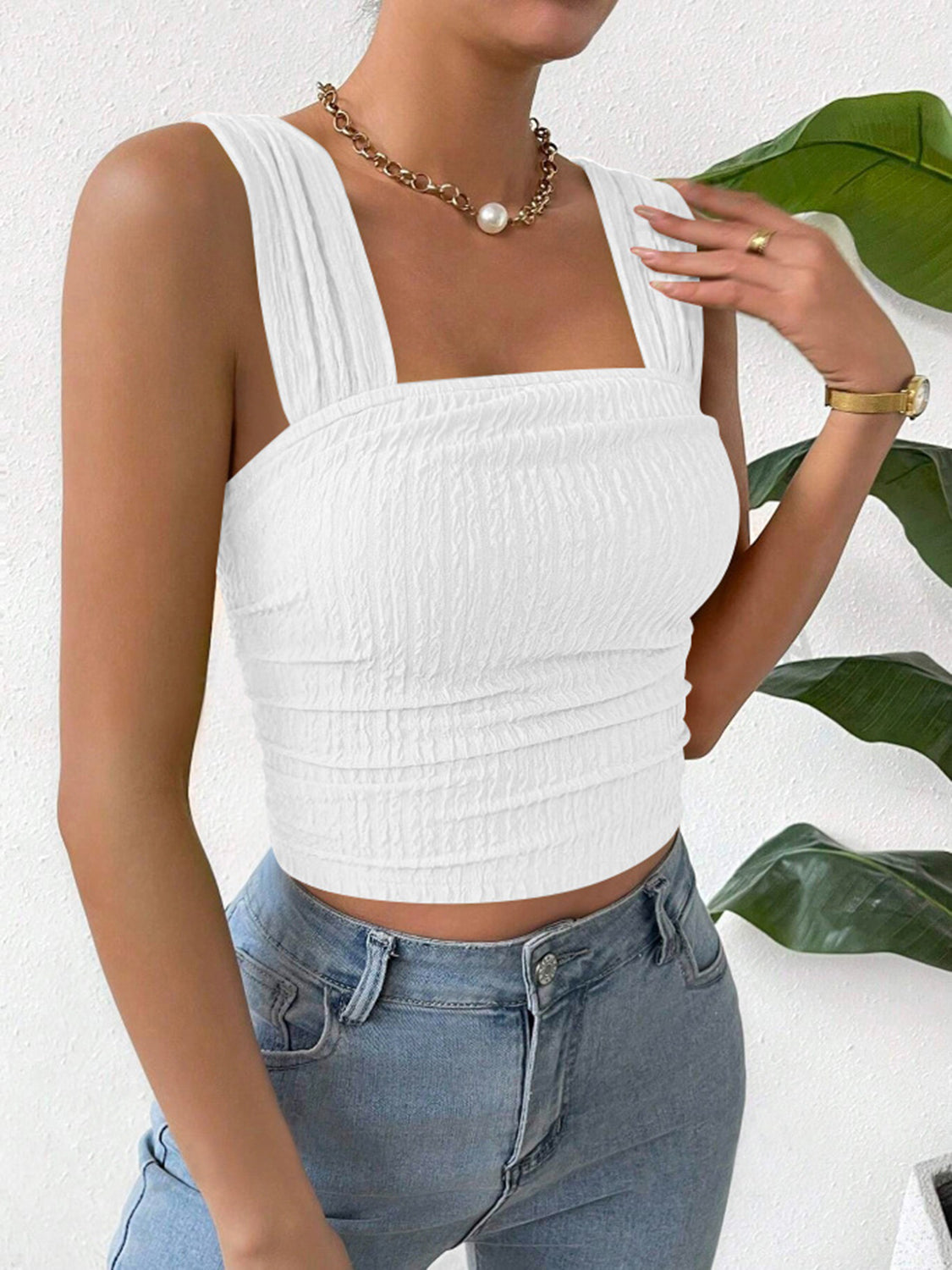 White textured crinkle strap crop top with square neckline