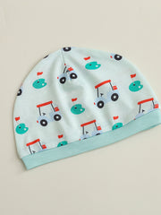 Baby beanie with golf cart and flag pattern, light blue with aqua trim.