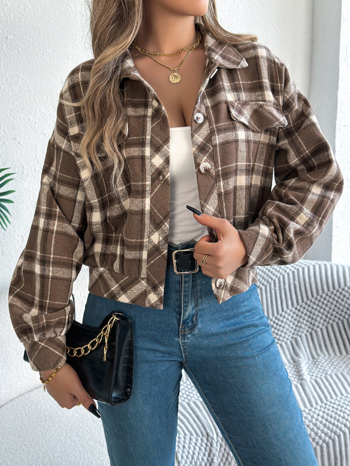Cropped plaid shacket in taupe with gathered sleeves and button front.