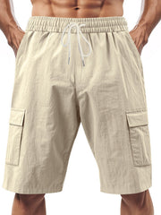 Men's Khaki Cargo Shorts with elastic waistband and drawstring, featuring side cargo pockets.