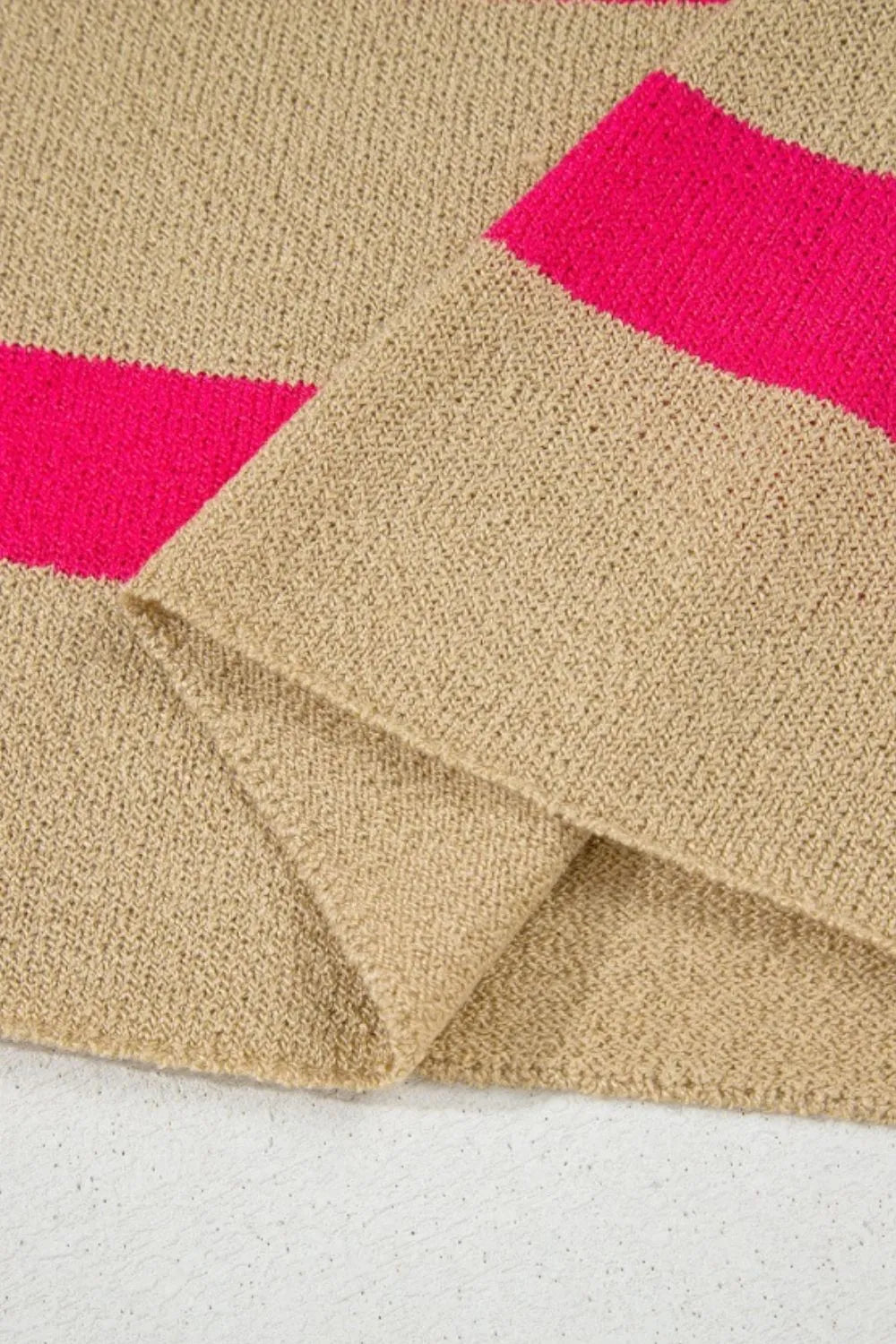 Metallic stripe boxy tee in tan with bright pink stripes, acrylic knit