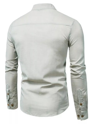 Men's Plus Size Casual Mandarin Collar Shirt in Coffee, editorial view