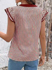 Burgundy and white striped ruffle sleeve blouse with a contrast trim neckline.