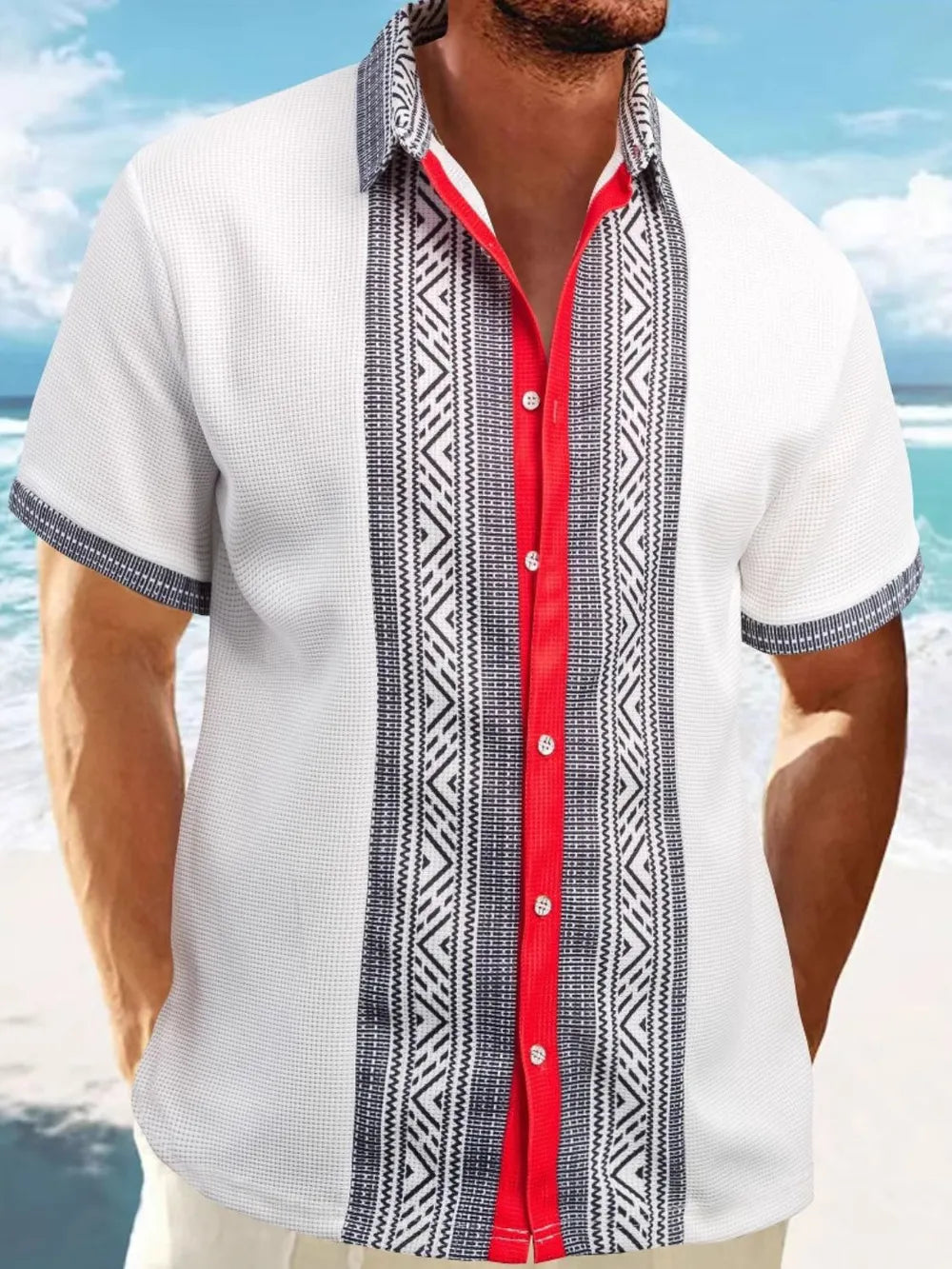 White short sleeve Cuban shirt with textured panels and red button placket