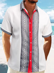 White short sleeve Cuban shirt with textured panels and red button placket