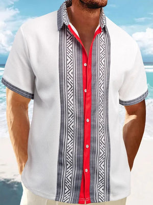 White short sleeve Cuban shirt with textured panels and red button placket