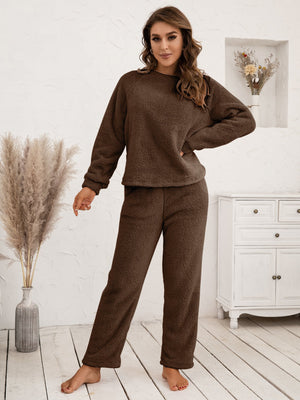 Plush raglan sleeve loungewear set in chocolate brown, featuring a crewneck sweatshirt and relaxed fit pants.