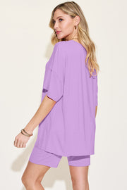 Lavender bamboo loungewear set with relaxed fit tee and shorts.