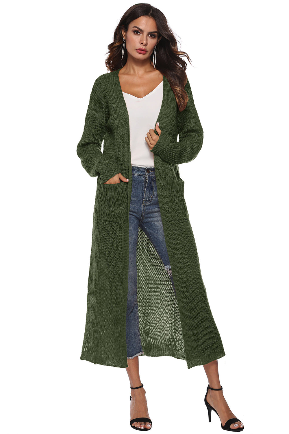 Longline knit cardigan in Army Green with pockets and side slits.